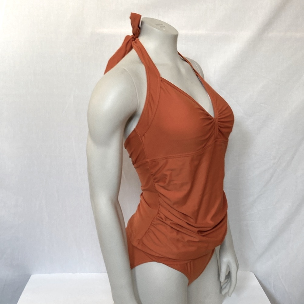Burnt Orange Halter Swimsuit Tankini Top & Mid Rise Bikini Bottom Size Medium - Picture 3 of 7